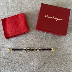Salvatore Ferragamo Camel Gold Vara Leather Buckle Accent Bracelet